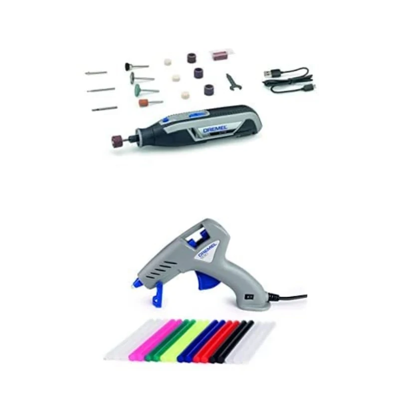 Dremel Lite 7760 Battery Multi tool 3.6V, Set with 15 Accessories and Dremel 930-18 Hot Glue Gun for Carving, Engraving, Grinding, Sharpening, Cleaning, Gluing.