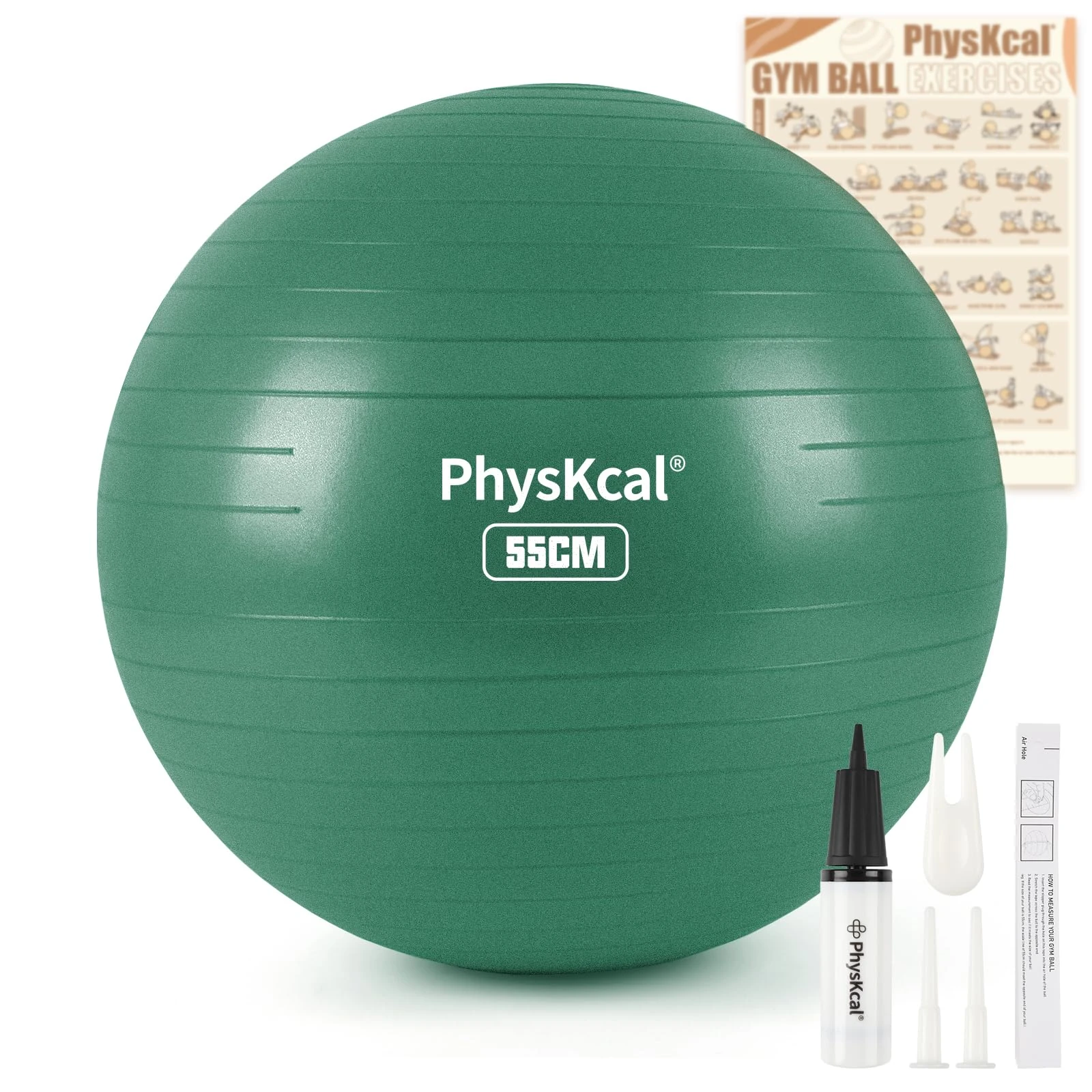 PhysKcal Gym Ball 55cm Green Exercise Swiss Ball for Fitness Yoga Pilates Pregnancy, Anti Burst Ball Chair for Balance, Stability, Quick Pump Included