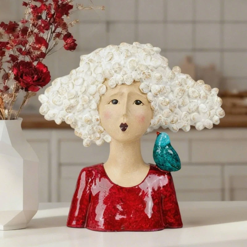 DiliComing Garden-Statues Women-Head Statue for Home Decor - 11 Inch Modern Art With Bird for Home and Garden, Thanksgiving Gift 10.5 x5.5 x 11 Inch (Red)