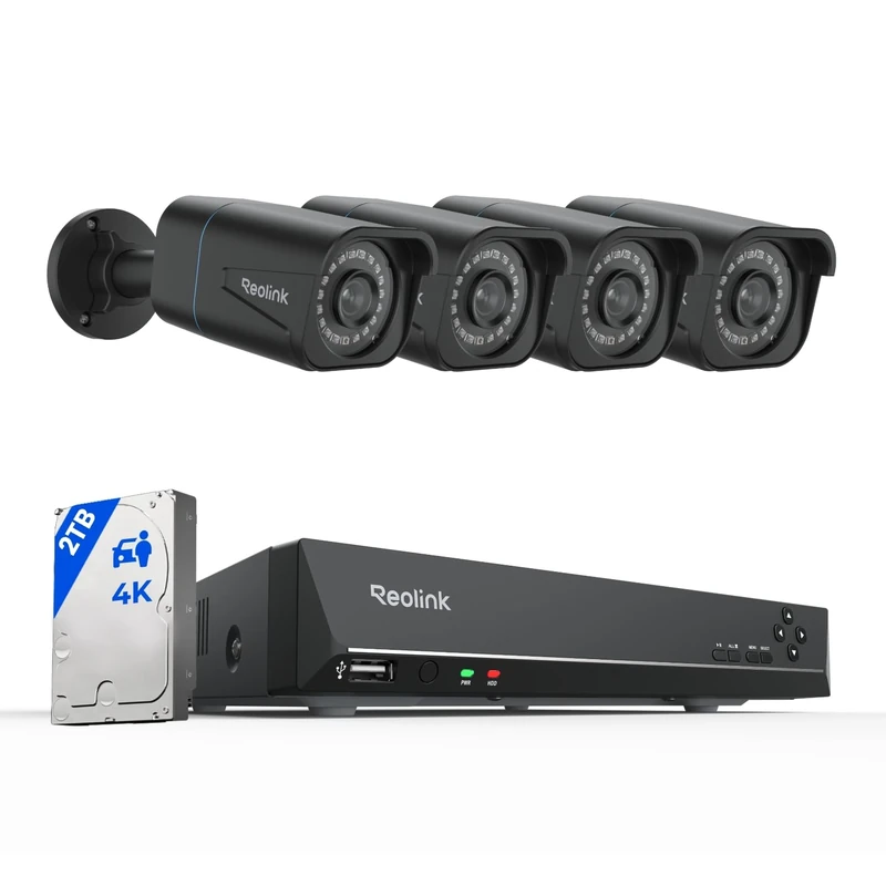 Reolink 4K PoE CCTV Camera Systems, 8CH NVR with 2TB HDD, 4X 8MP IP Cameras Outdoor with Smart Person and Vehicle Detection, Night Vision, 24/7 Recording, RLK8-800B4 Black