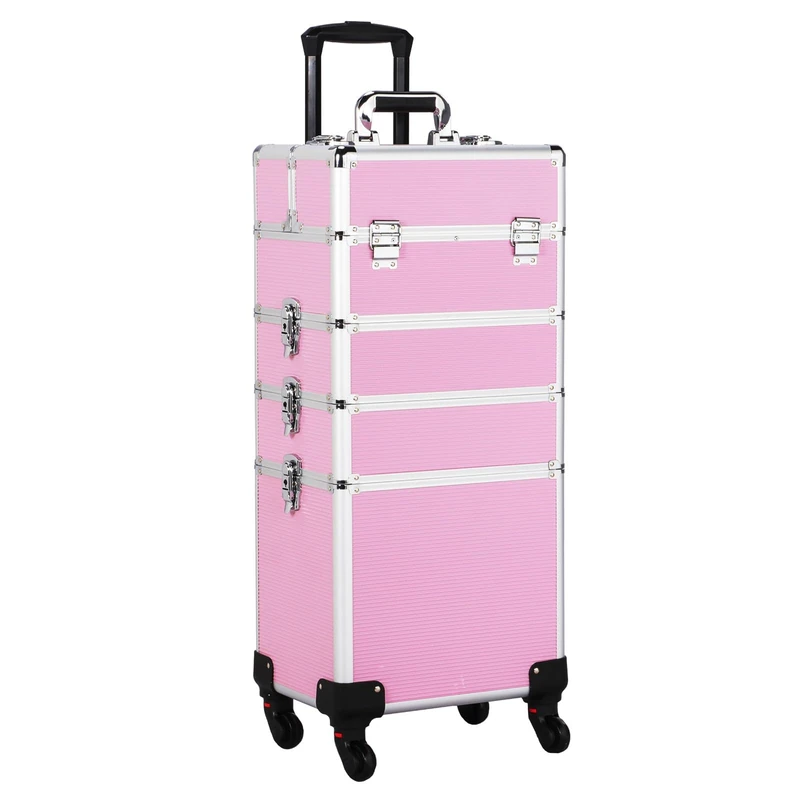 Yaheetech 4 in 1 Beauty Case Rolling Cosmetics Organiser Makeup Vanity Case Lockable Hairdressing Trolley Pink
