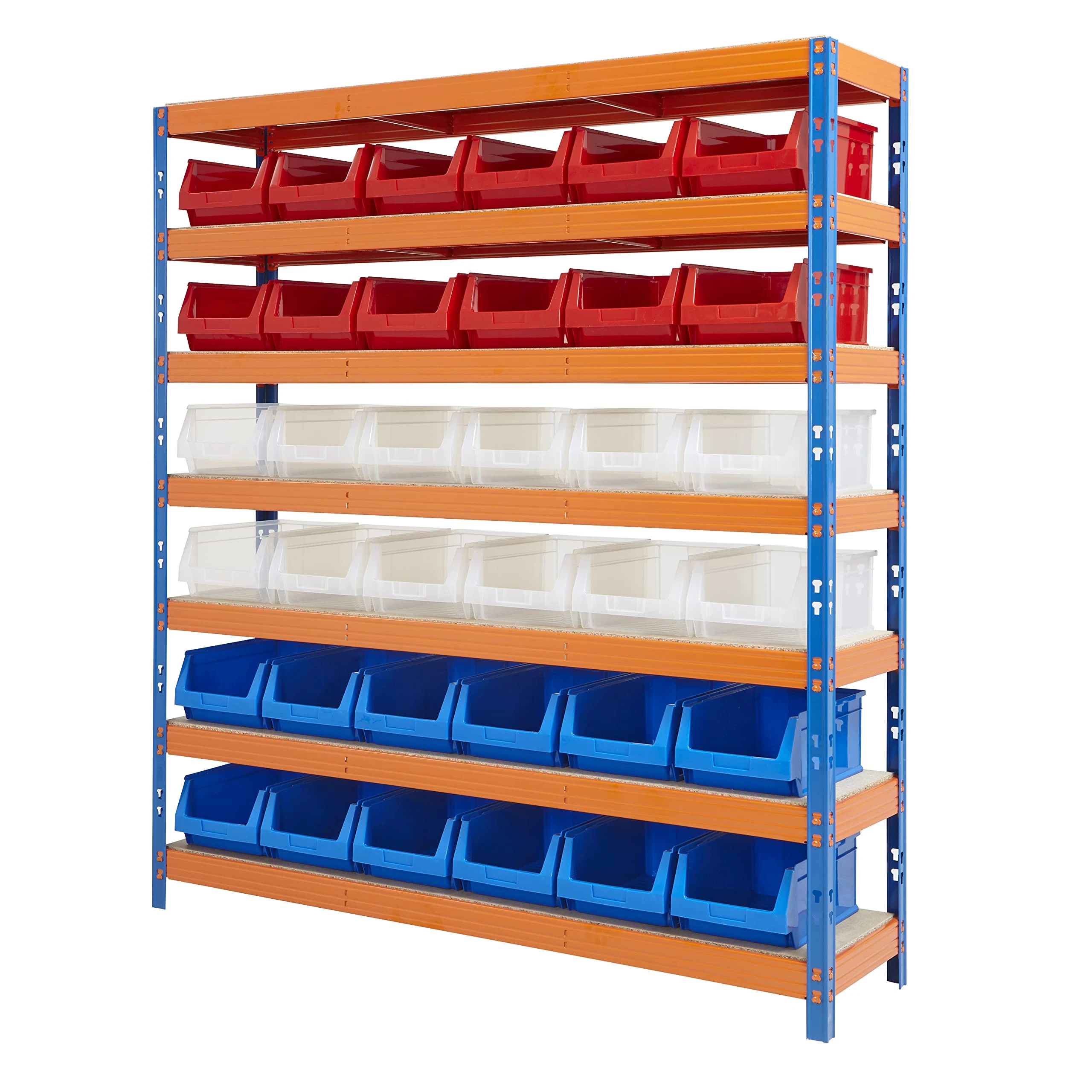 BiGDUG Racking With Plastic Bins - 36x B56 Bins - BiG400 Premium Steel Shelving - 198h x 183w 45.5d cm - Blue & Orange - Up To 400kg Load Per Shelf - High Density 15mm Shelving Board