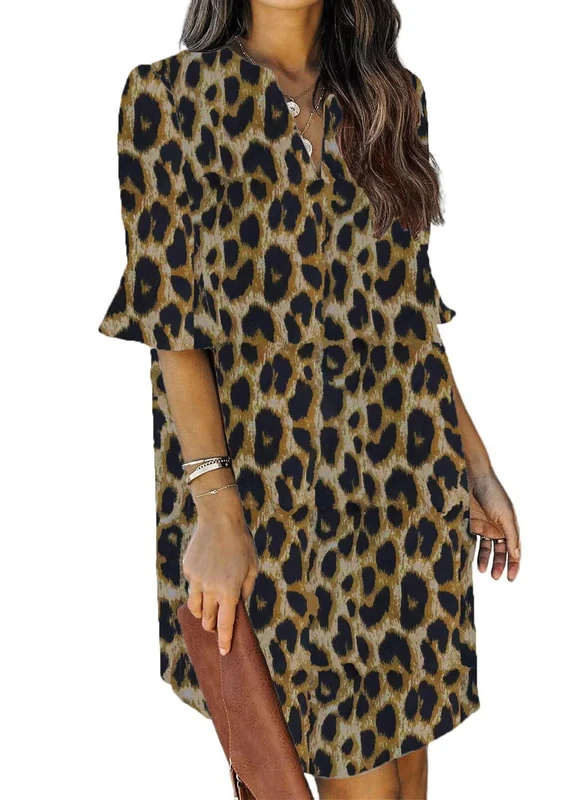QACOHU Summer Dresses for Women V Neck Ruffle Short Sleeve Casual Shift Dress, C-Leopard Print, XL