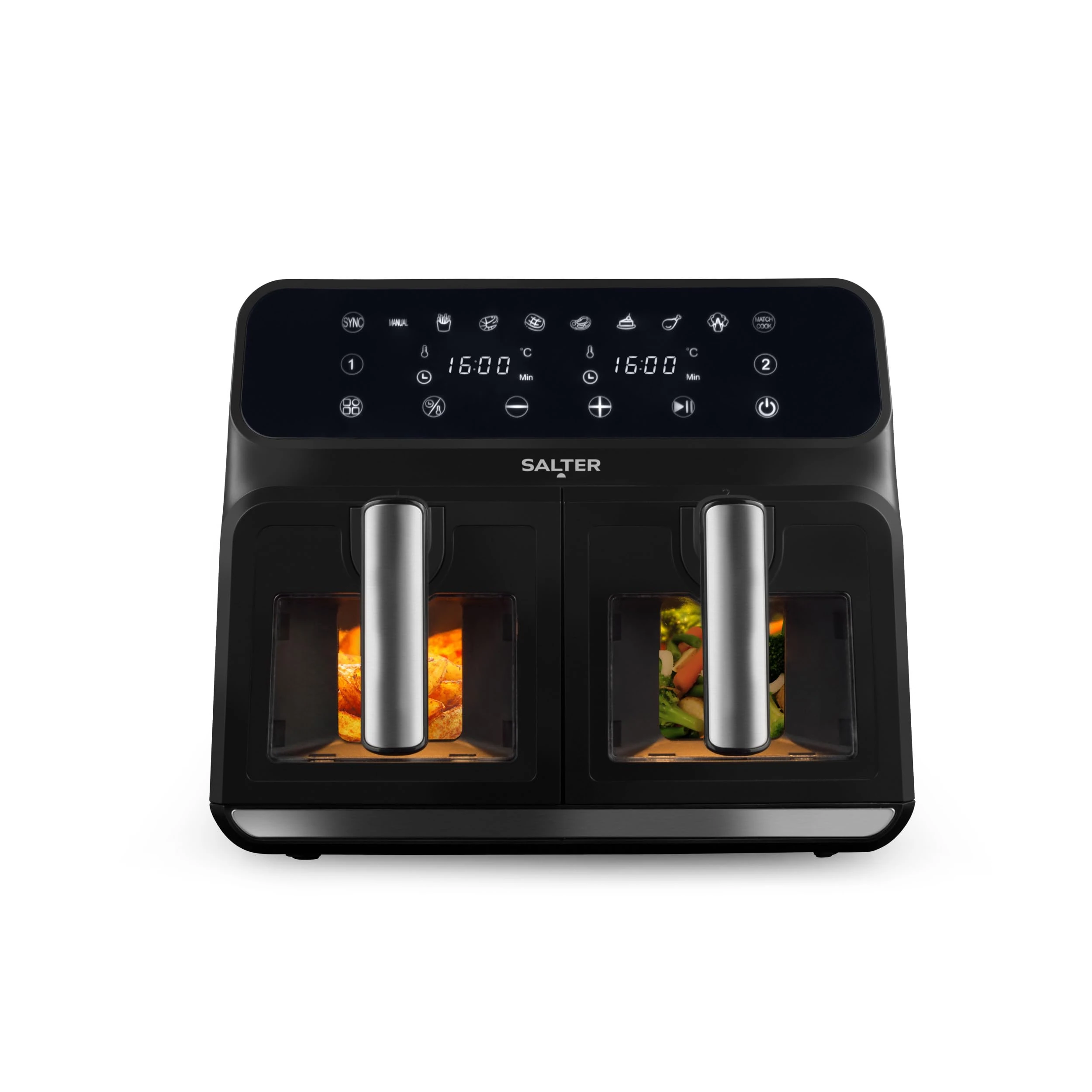 Salter Dual Air Fryer - Clear Viewing Windows, Dual-View Pro, Healthy Fried Foods, Large 2 Drawer Easy Clean Baskets, 10 Cooking Functions, Family Size, Touch Display, 7.6L Capacity, 1700W, EK5196GW