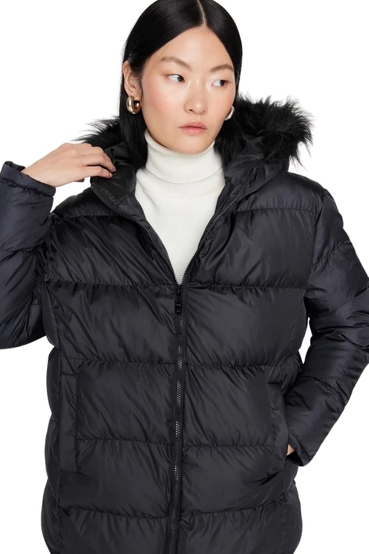 Trendyol Women's Oversize Puffer Hood Woven Jacket Outerwear, Black, M