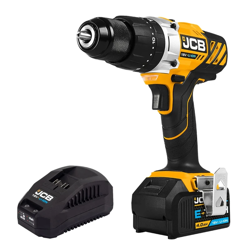 JCB 18V Cordless Combi Drill, 4.0Ah Battery, Fast Charger, Variable Speed & LED Light, 16+3 Position Torque, Rubber Grip Overmould & Belt Clip, 3 Year Warranty