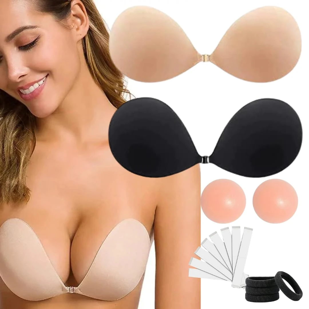 NovaLift 2 Pack Invisible Sticky Adhesive Bra Tape Strapless Reusable Push Up Backless Tape,Hair Bands,Nipple Covers, Seamless Stick On Bra (UK, Cup & Band C)