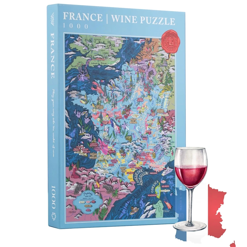 Wine Puzzle France - Exciting and Educational 1000 Pieces Jigsaw for Adults - Unique Hand-Drawn Map of French Wines
