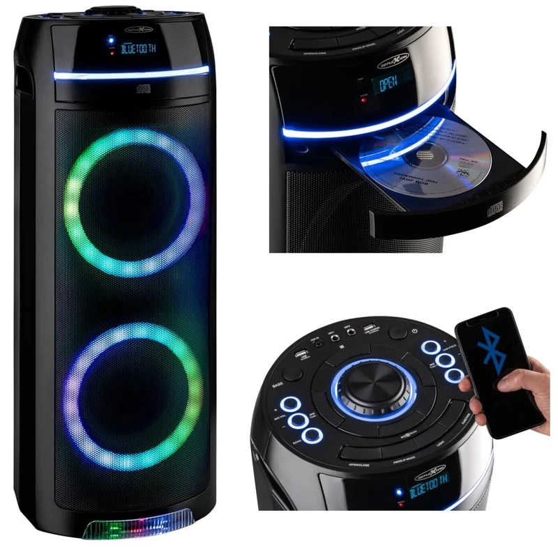 REFLEXION PS10BTCD Mobile Bluetooth Party Speaker, LED Diso Lighting, Including FM PLL Radio and CD Player, 480 Watt, Microphone, Built-in Battery for 10 Hours of Music, Black