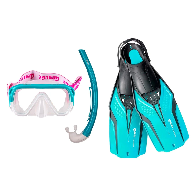 Mares Aquazone Nateeva Keewee Jr Set Consisting of Mask, Mouthpiece and Snorkel Fins for Children and Boys - Aqua, XS