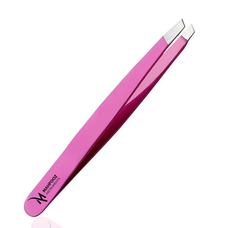 Slanted Tweezers for Eyebrows, Facial & Ingrown Hair, Professional Stainless Steel Slant Tip Precision Hair Removal Tool for Men & Women, Pink Colour by Mahfooz Instruments
