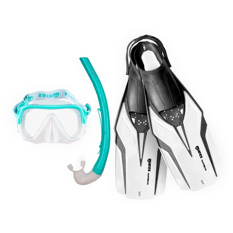 Mares Aquazone Nateeva Keewee Set Consisting of Mask, Mouthpiece and Snorkel Fins for Adults - White, M/L