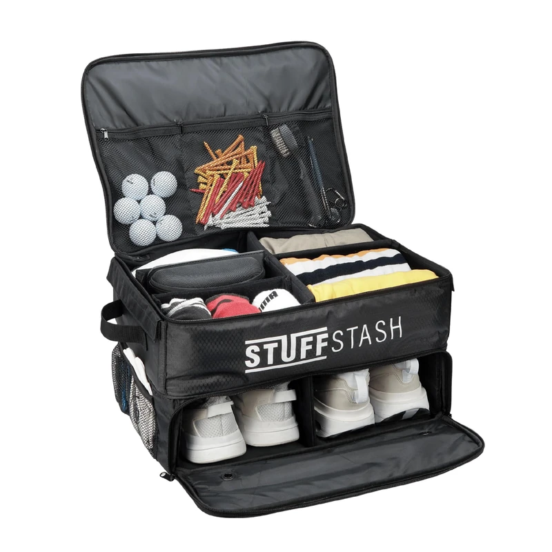 StuffStash Golf Trunk Organizer - With Shoe Compartments, Dividers, Storage for Tees, Gloves, Balls and More - Store Accessories in Your Car or SUV - Golfer Gift Essentials for Men and Women, Black