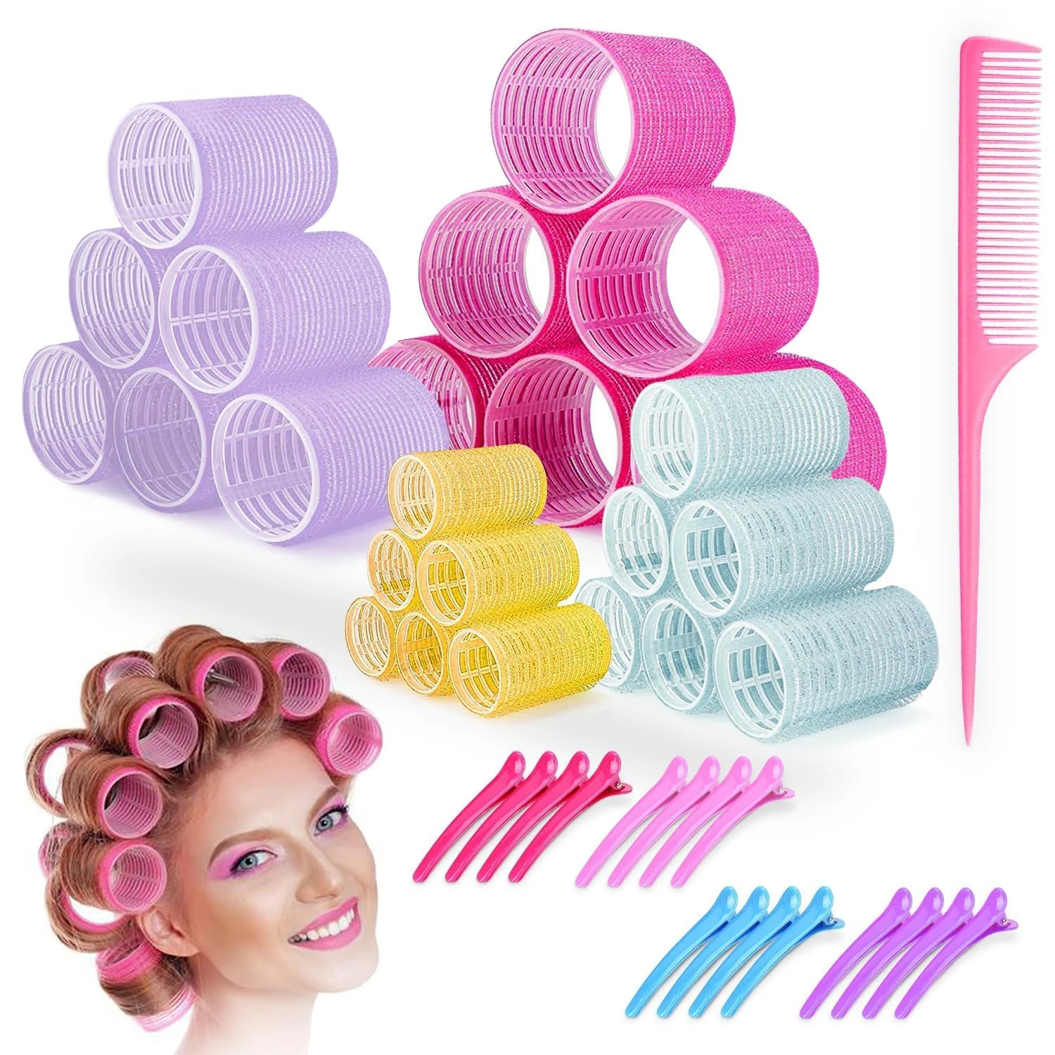 Westalio 41pCS Hair Rollers With Clips-4 Sizes 24 Hair Curlers Rollers For Hair Volume 16 Clips & Comb- 64mm 46mm 35mm 28mm-Jumbo Large Medium Small Big Rollers for Long Medium Short Hair