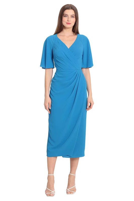 Maggy London Women's Short Flutter Sleeve Faux Wrap Midi Dress, Brilliant Blue, 18