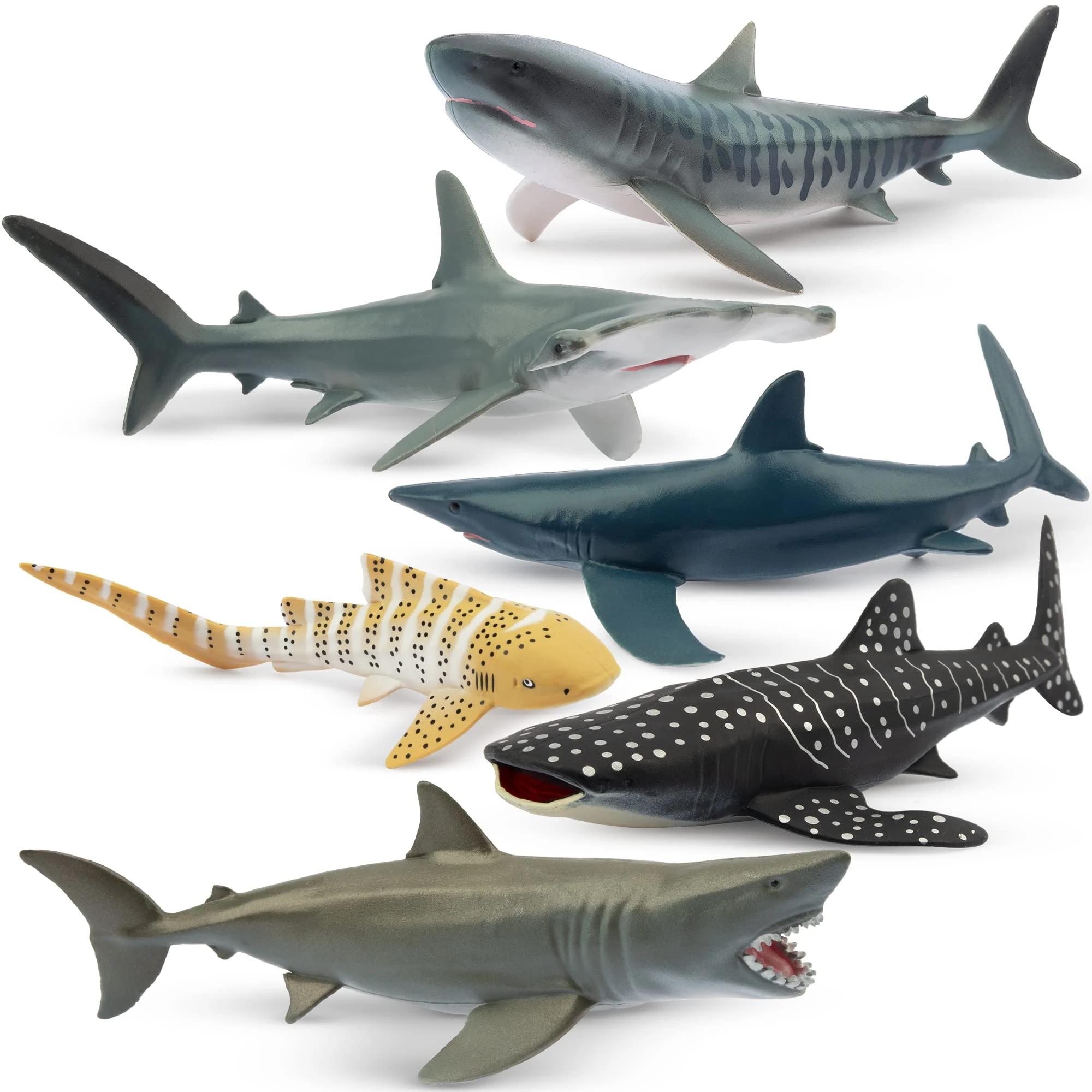 toymany 6PCS 12-14CM Realistic Shark Bath Toy Figurines, Plastic Ocean Sea Animals Figures Set Includes Whale, Tiger, Great White Shark, Cake Toppers Christmas Birthday Gift for Kids Toddlers