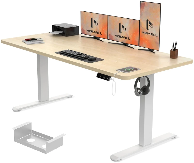Homall 160x80cm Height Adjustable Standing Desk with USB Charging with Wire Management Tray, Stand up Desk Heavy Duty Steel with 3 Memory Setting,Beige - Image 1