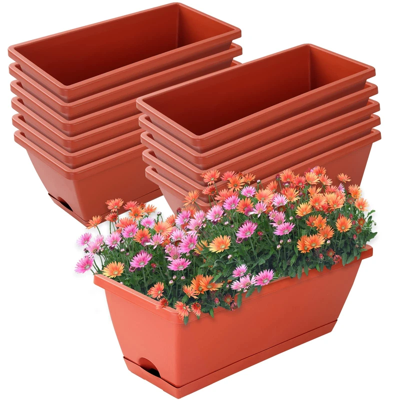 Window Box Planter, 12 Pack 17 inches Rectangle Windowsill Planters with Drainage Tray Plastic Flower Herb Planters for Outdoor Indoor Plants, Boxes Planters for Patio Garden Porch Yard Home Decor
