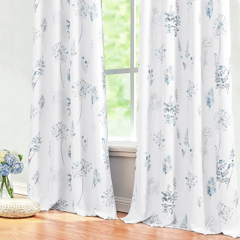 Blue and Grey Curtains 96 Inches Long for Bedroom 2 Panels Grommet Darkening Beautiful Minimalist Serene Flower Print Thermal Insulated 80% Blackout Extra Long Curtains for Living Room 96 Inch Length