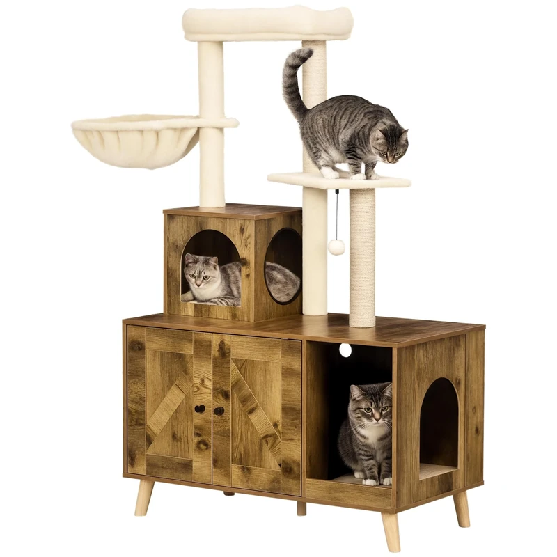 PawHut Litter Box Enclosure with Cat Tree Tower, Hammock, Cushion