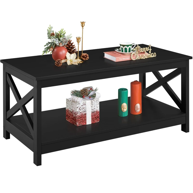 Yaheetech Black Coffee Table, 2-Tier Wood Coffee Table with Storage Shelf, X Design Center Tea Table for Living Room Home Office