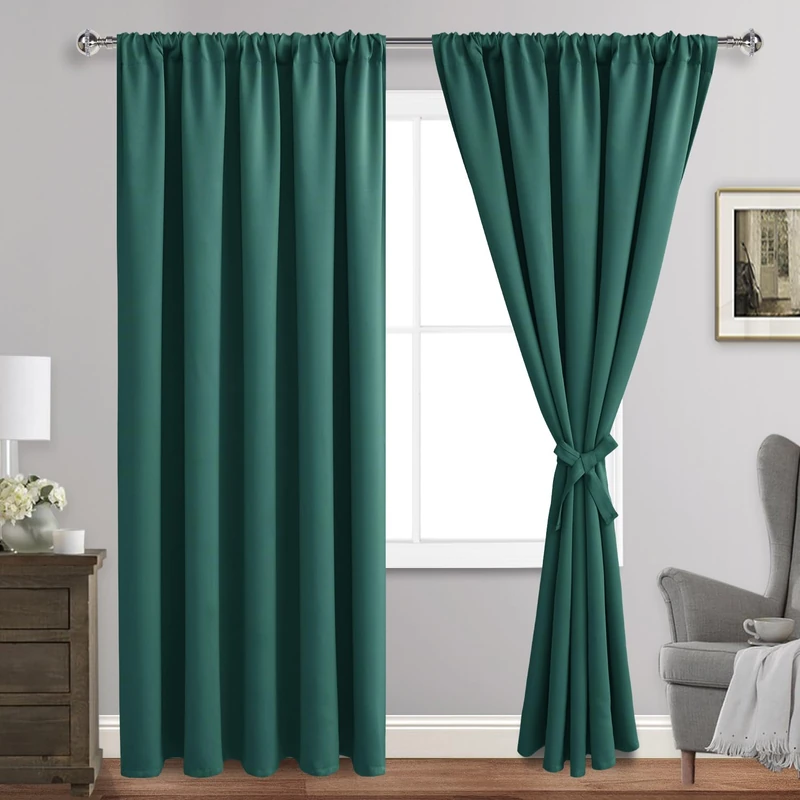 JIUZHEN Christmas Blackout Curtains for Bedroom - Thermal Insulated Room Darkening Rod Pocket Curtains for Living Room, Set of 2 Panels with Tiebacks, 70 x 84 Inch Length, Forest Green