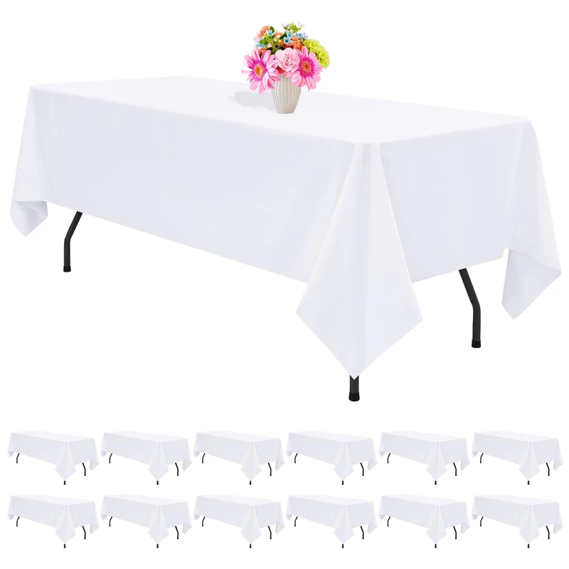 12 Pack White Tablecloths for Rectangle Tables 60 x 126 Inch White Polyester Tablecloth 8 Foot Rectangle Table Cloth Wrinkle Resistant Washable Fabric Table Cover for Party Wedding Banquet Events