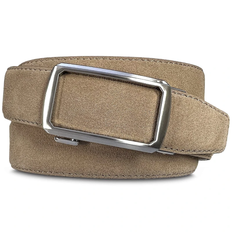 Cowboy Craft Men's Suede Leather Belt Genuine Full Leather Casual Dress Belt or Ratchet Belt Multi Color Style, Ratchet Belt - Taupe, Large