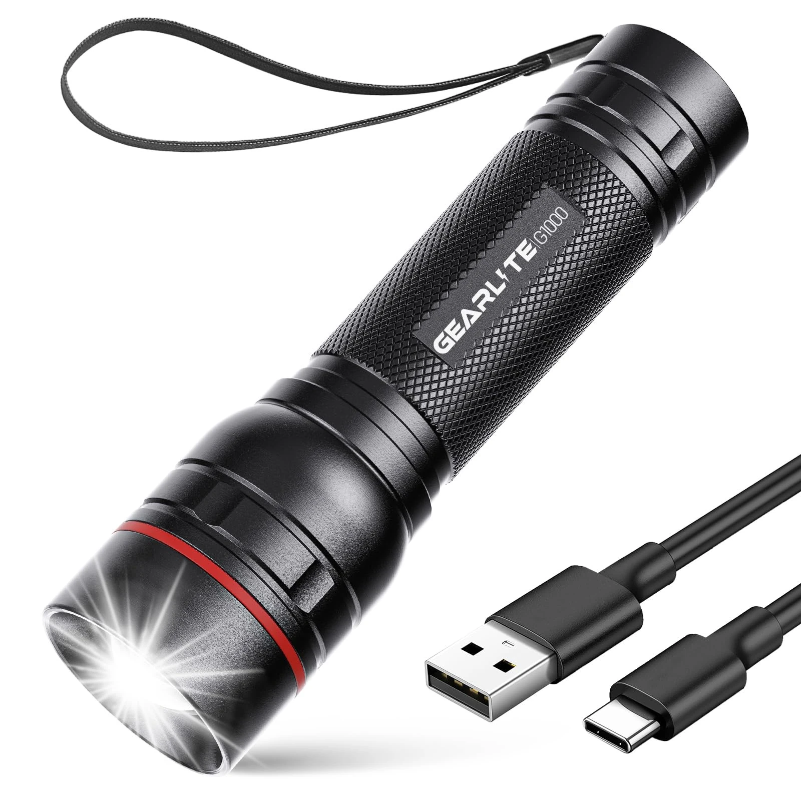 GEARLITE Rechargeable LED Torch, 2000LM Torches LED Super Bright with 3 Modes, Portable Small Torch with Battery, Waterproof Flashlight Zoomable for Power Cut, Emergency, Camping, Hiking, Outdoor