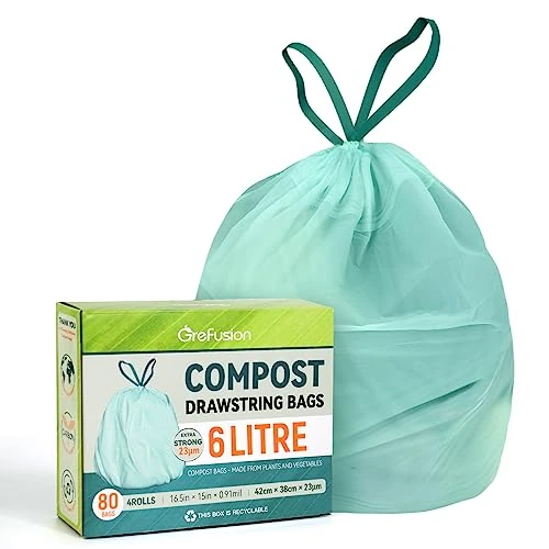 Grefusion Extra Thick 6L Compostable Drawstring Bags 80 Food Waste Bags compostable caddy liners