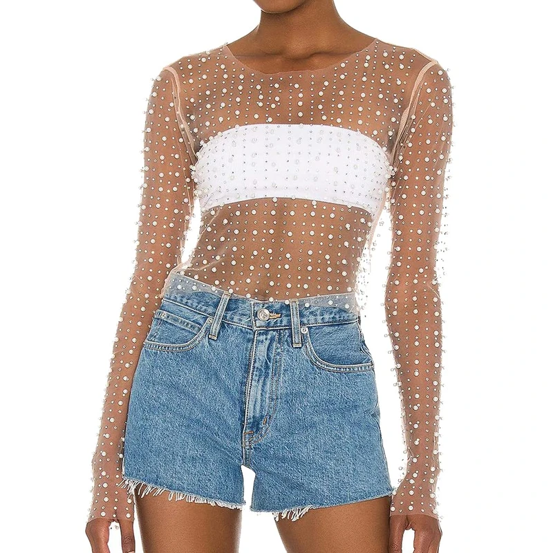 Naileksi Women Pearl Rhinestone Sheer Mesh Crop Top Sexy See Through Long Sleeve Slim Fit Cropped Blouse Shirt Clubwear, Nude, L - Image 1