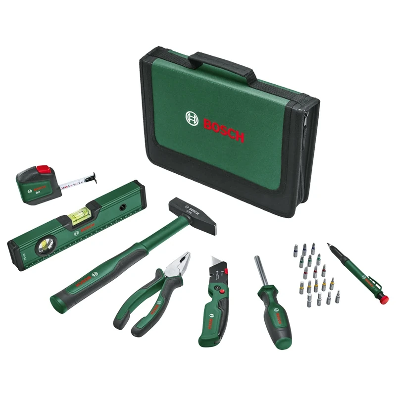 Bosch Universal 25 Piece Hand Tool Set (Versatile Tool Set for General Home Works, Folding Knife, Combination Pliers, Tape Measure, Spirit Level and More) - Amazon Edition