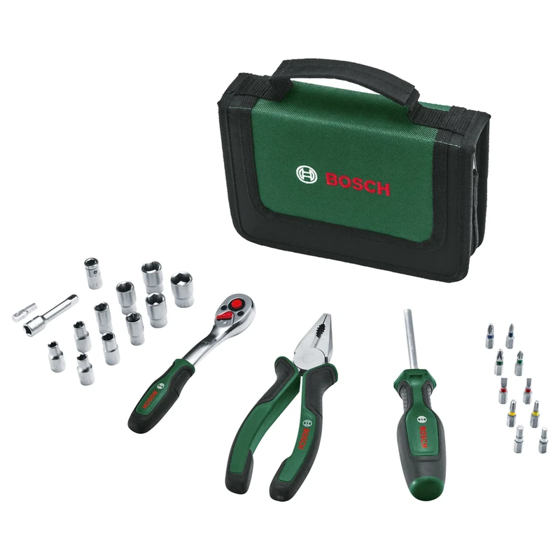 Bosch Mobility Hand Tool Set 26-Piece (Compact and Portable Tool Kit for DIY Tasks; Optimal Choice on The Road; 1/4" Ratchet; Combination Pliers; Universal Screwdriver; in Fabric Bag)