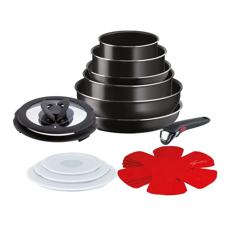 Lagostina Ingenio Essential Plus Cookware Set, Aluminium for Gas and Oven, 17 Pieces, 2 Deep Casseroles, 2 Frying Pans, Wok, 5 Lids, 5 Pan Protectors and Removable Handle