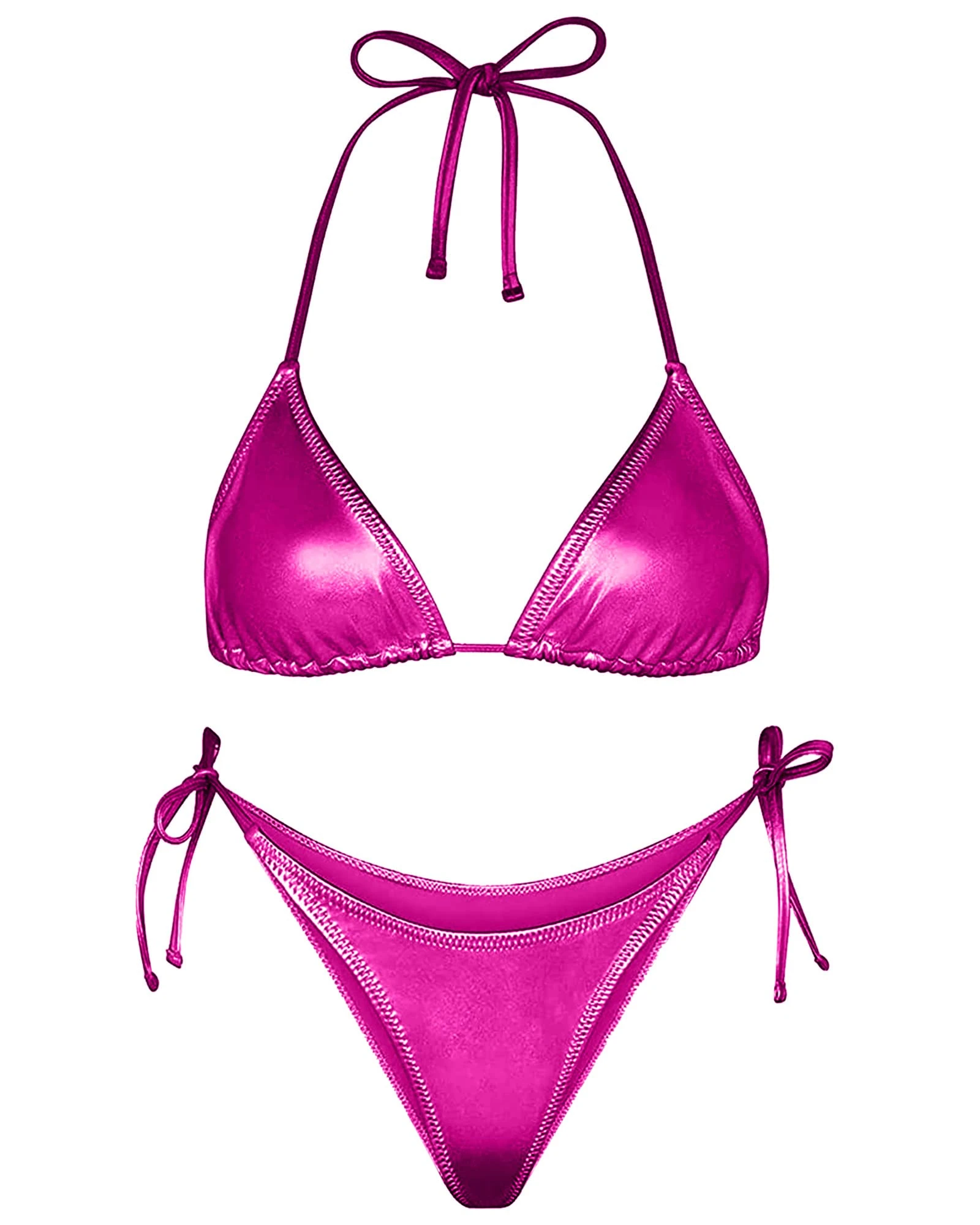 Metallic Bikini for Women - Retro Shiny Silver Gold Swimsuits Bathing Suit Triangle Tops Side Tie Thong Bottom Set(Rose,S,1026w)