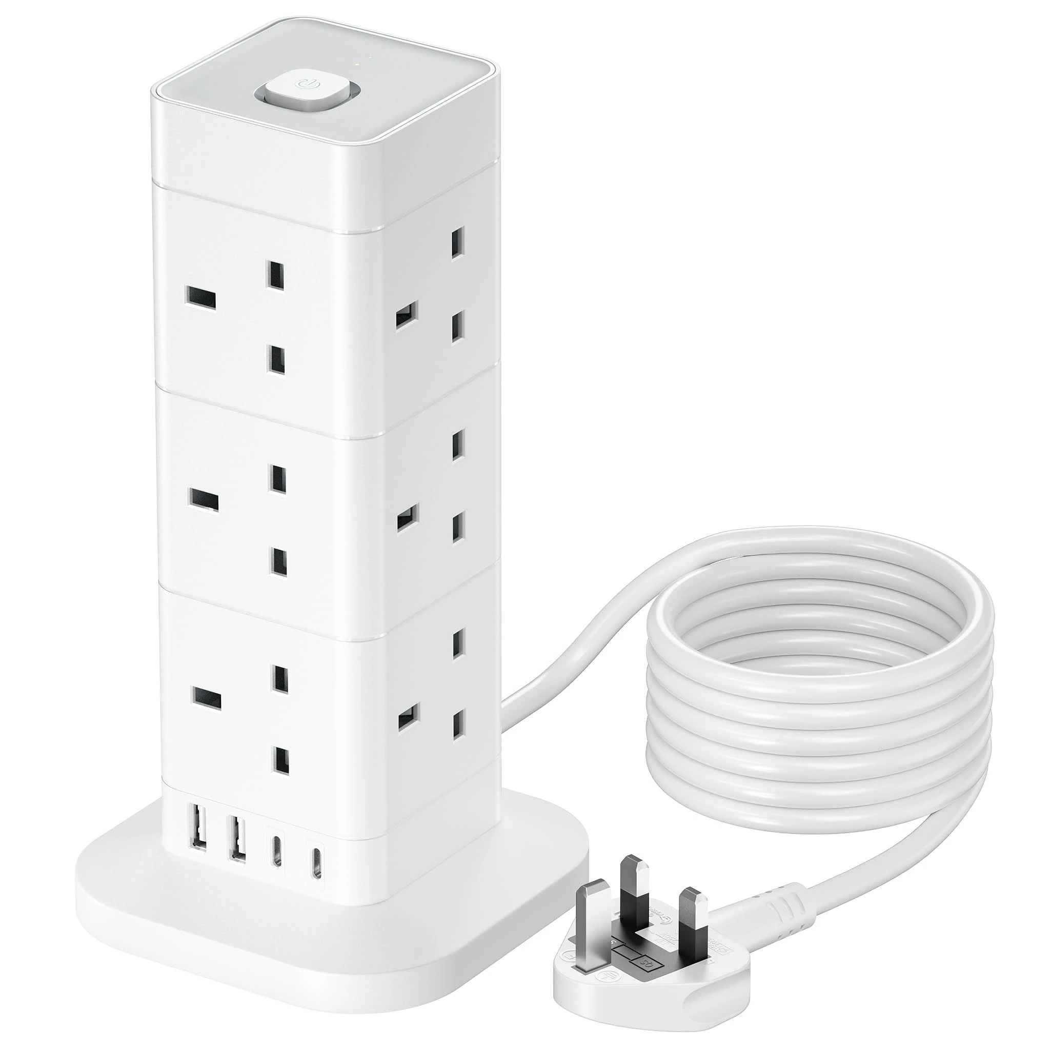 3M Tower Extension Lead with USB C, Hotimy 12 Way Multi Plug Extension Tower with 4 USB (2 Type C & 2 USB A Ports) Surge Protected Extension Cord 13A 3250W Tower Power Strip Long Cable for Home Office