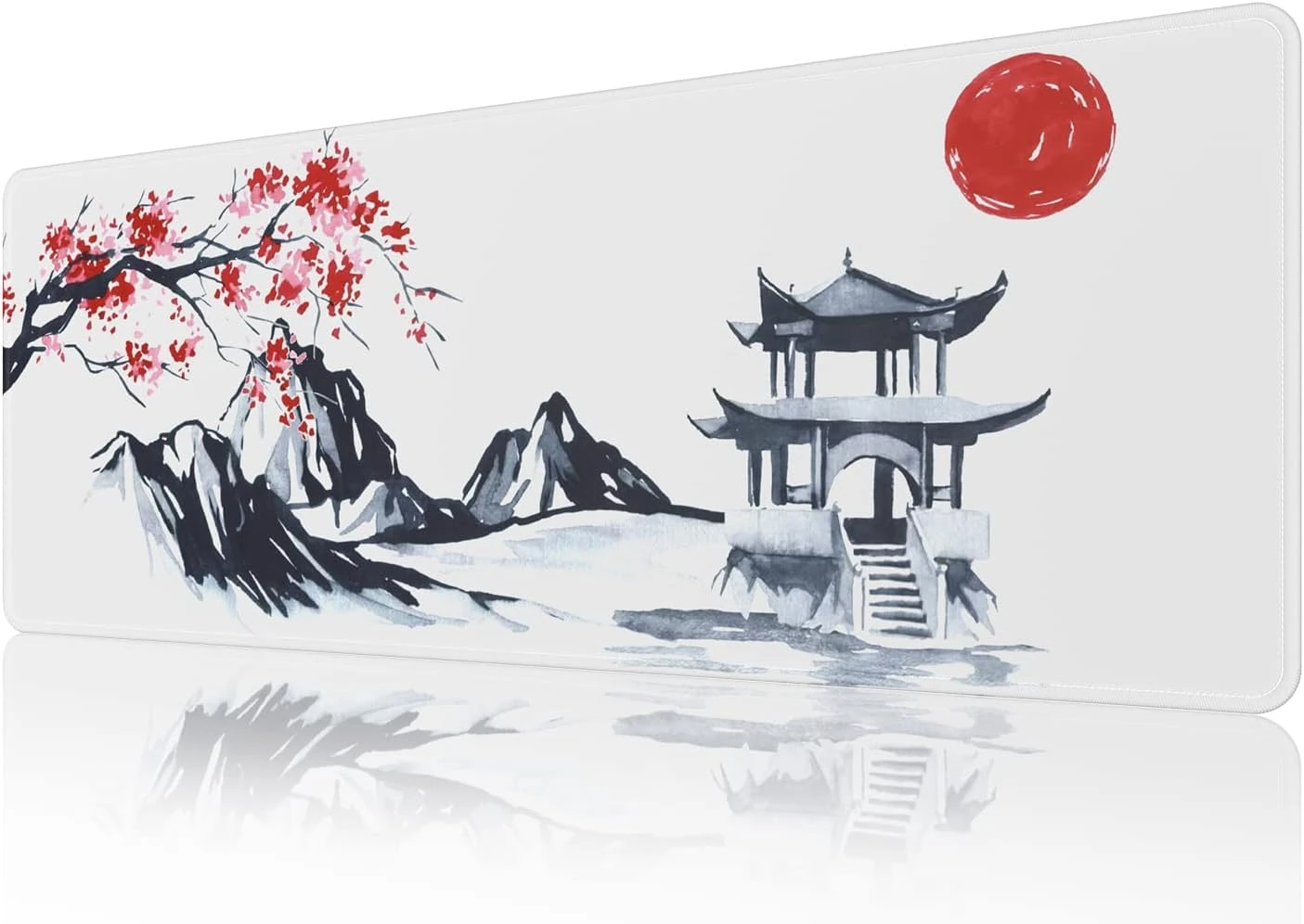 EFISH Japanese Cherry Blossom White Mouse Pad (31.5 × 11.8 × 0.12 inch) Extended Large Mouse Mat Desk Pad, Stitched Edges Mousepad,Non-Slip Rubber Base,Gaming Mouse Pad XL