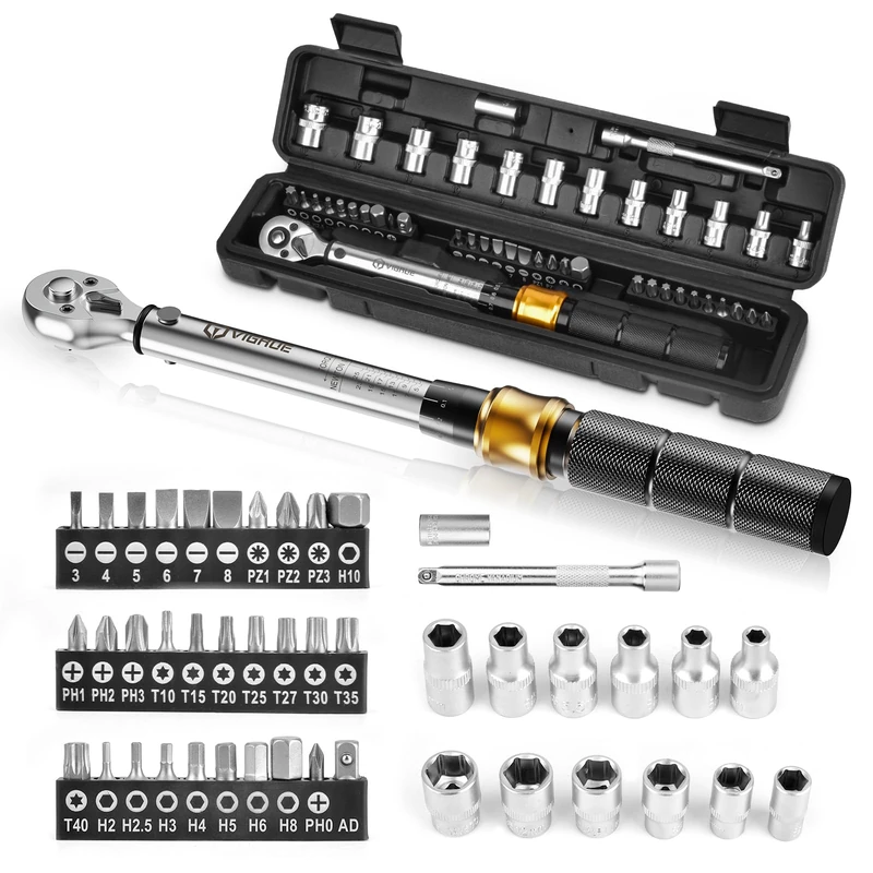 VIGRUE Torque Wrench Set, 1/4 Inch, 5-25Nm ±4% Error Accuracy with Extension Rod, Universal Joint, Magnetic Spark Plug Sleeve, Bits, for Bicycle and Motorcycle
