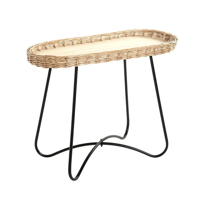 HAKU Möbel End Table Nature, Black, Metal, Plywood, Wickerwork Pallisade - Size: W 70 cm X H 55 cm X D 33 cm, Style: Bohemian