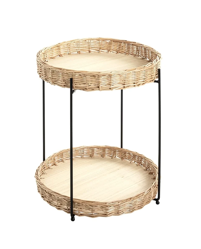 HAKU Möbel End Table Nature, Black, Metal, Plywood, Wickerwork Pallisade - Size: H 49 cm X Ø 42 cm, Style: Bohemian