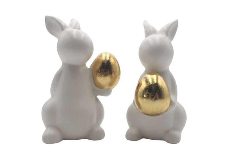 Dekohelden24 Rabbit in White with Golden Egg Set of 2, Ceramic, Decoration, Easter Bunny, Size: L x W x H 6 x 7 x 11 cm, 11 cm