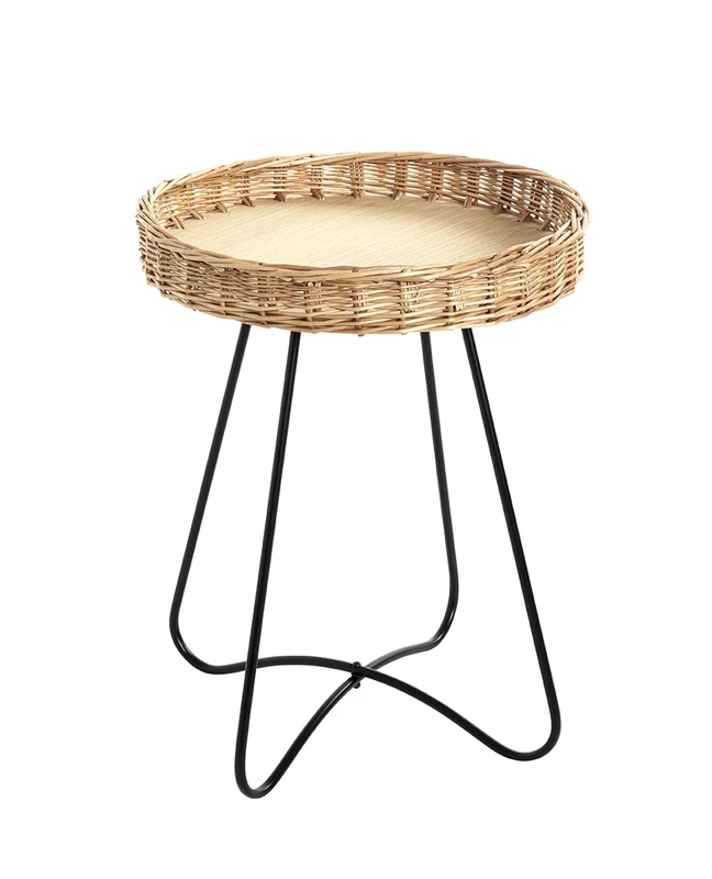 HAKU End Table Nature, Black, Metal, Plywood, Wickerwork Pallisade - Dim.: H 51 cm X Ø 41 cm, Style: Bohemian