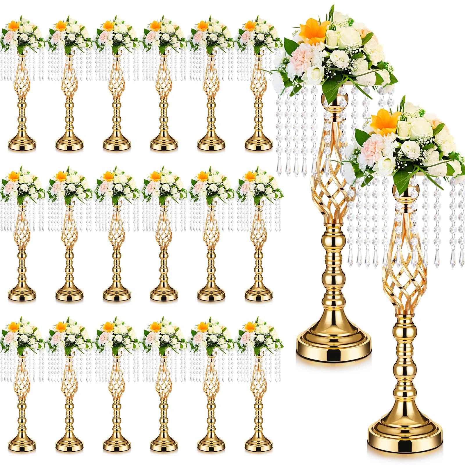 Sieral 20 Pcs Wedding Centerpieces Table Decorations 19.3 inch Crystal Gold Flower Stand Tall Flower Holders with Chandelier Metal Flower Vase for Road Wedding Party Reception Dining Living Room Decor