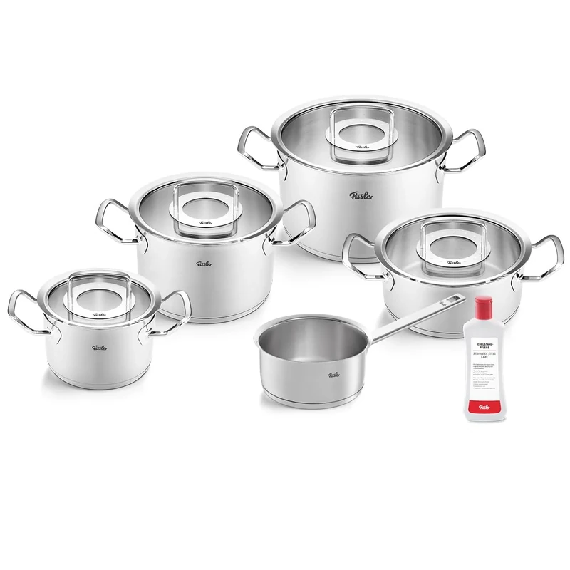 Fissler Original Profi Collection Stainless Steel Cooking Pot Set 5 Pieces Including Glass Lid + Free Stainless Steel Care Induction