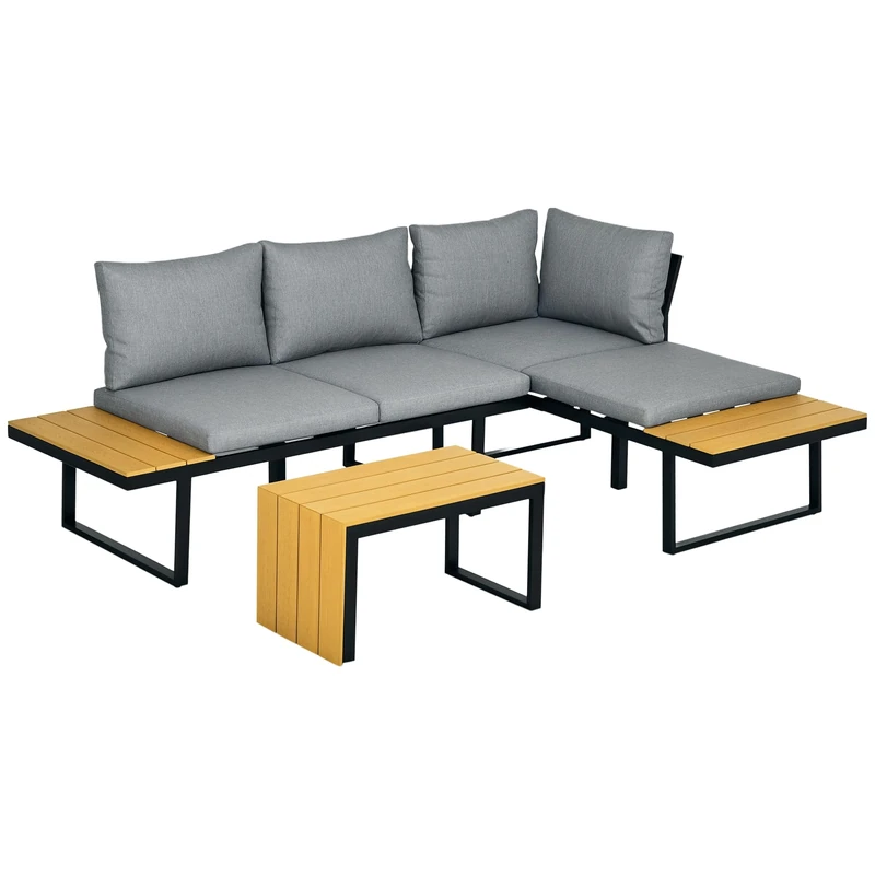 Outsunny 3PCs Patio Furniture Set w/Cushions, Wood Grain Plastic Top Table