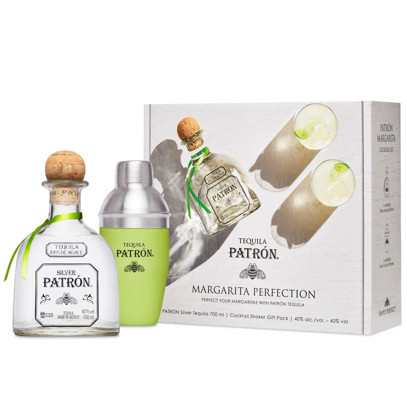PATRÓN Silver Premium Tequila and Cocktail Shaker with Gift Box, 40% ABV, 70cl, Made from the Finest 100% Weber Blue Agave, Handcrafted in Small Batches in Mexico, 700ml