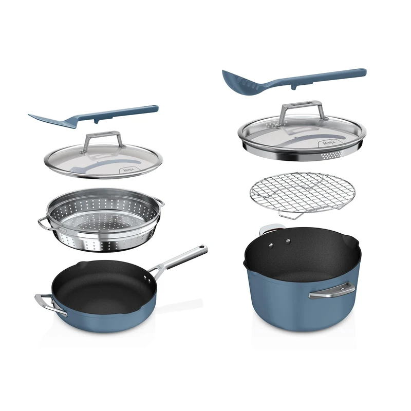 Ninja Foodi 9-in-1 PossiblePan 3.8L & 8-in-1 PossiblePot 6.6L, Glass Lids, Multi Use Pot and Pan, Oven Safe to 260°C, Blue Macaroon, CW202BLUK/CW102BLUK