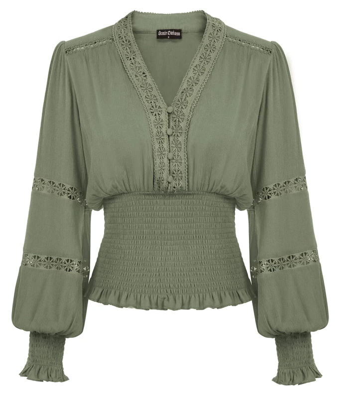 Scarlet Darkness Women's Renaissance Peasant Blouse V Neck Lantern Sleeve Lace Smocked Tops, Bean Green, M