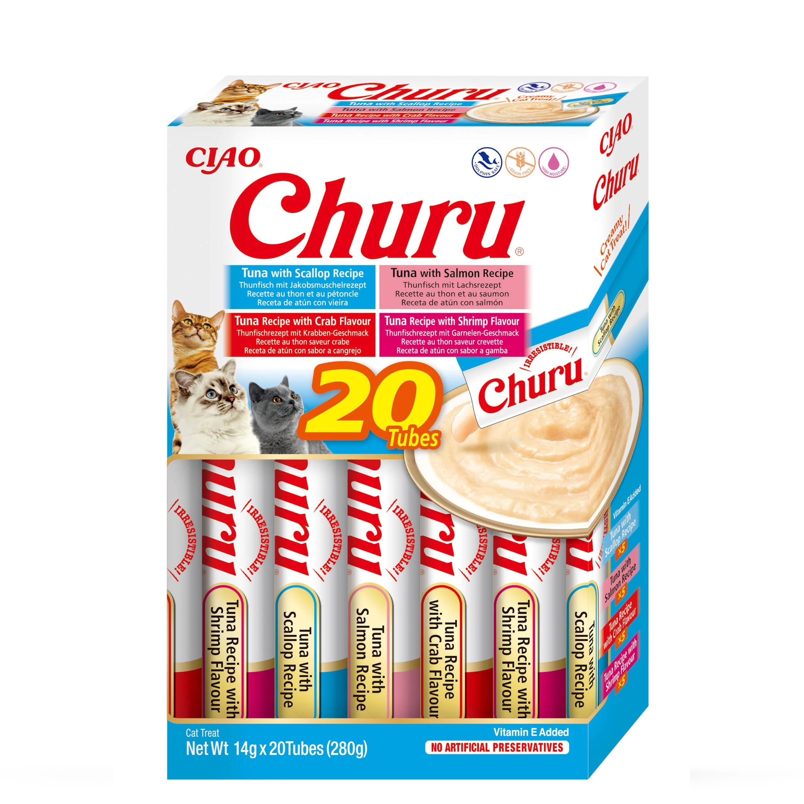 Churu by INABA Cat Treat - Tuna Seafood Variety Box - 1 Pack (20 x 14g total) / Soft & Creamy Cat Treat, Delicious & Healthy Snack, Purée Food Topper, Natural, Grain Free
