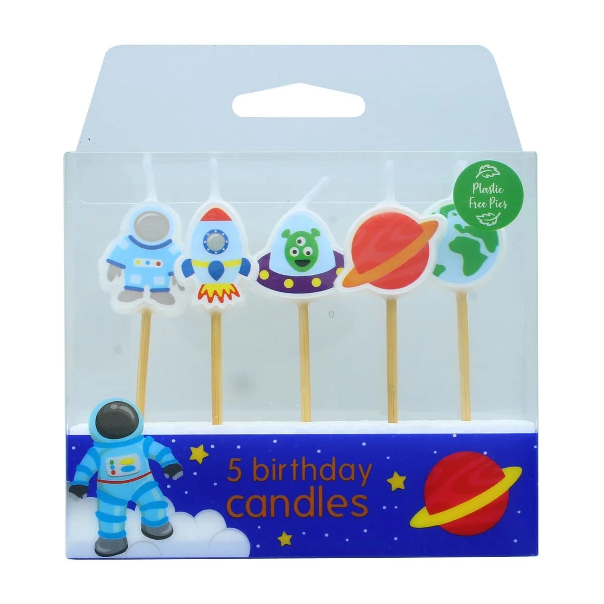Baked With Love Space Cake Candles, 5 Bright Birthday Celebration Cake Decorations with Rocket Ship, Astronaut, Saturn, Earth, Alien Spaceship, Bamboo Pics - Pack of 5 Candles